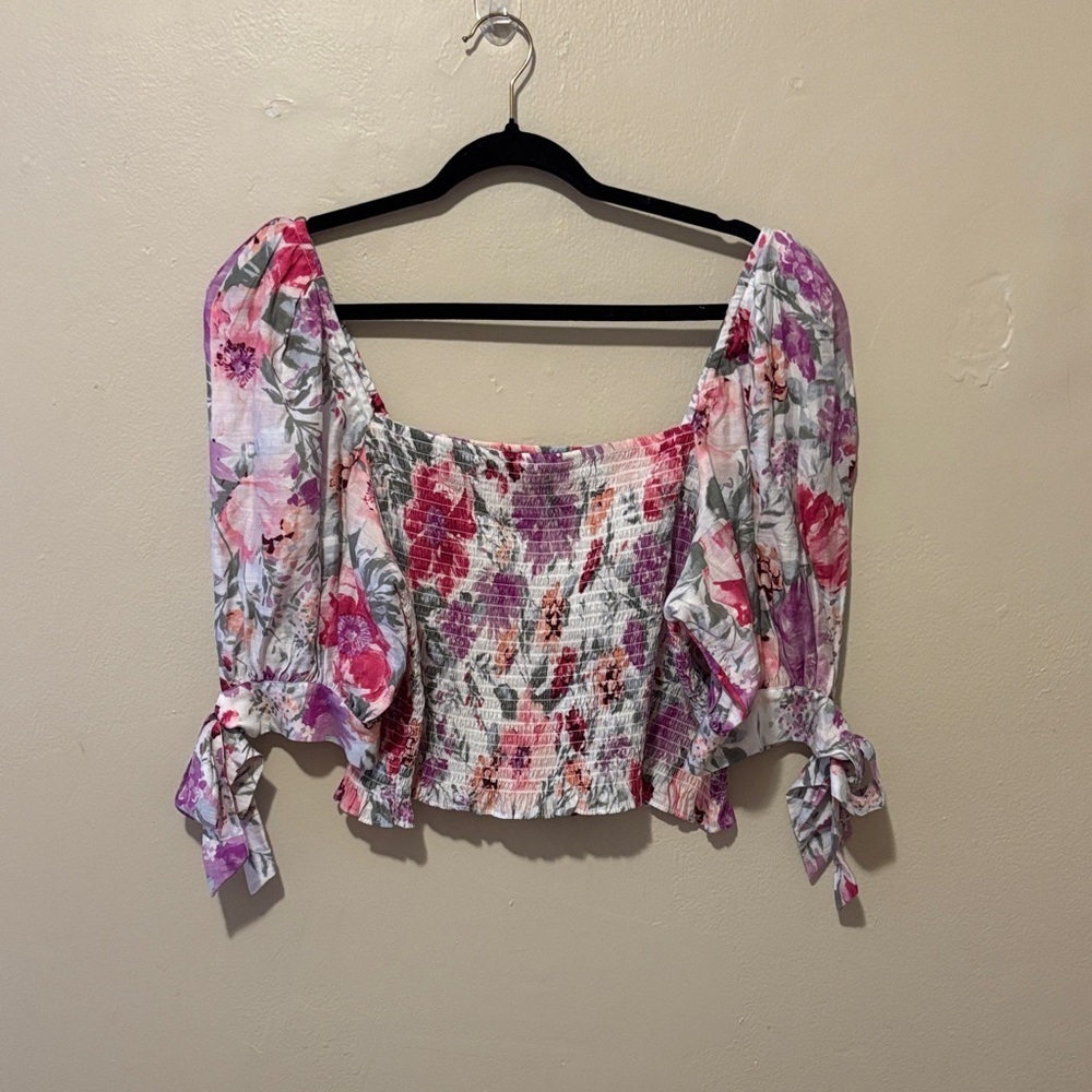Express Floral Smocked Blouse with Tie Sleeves